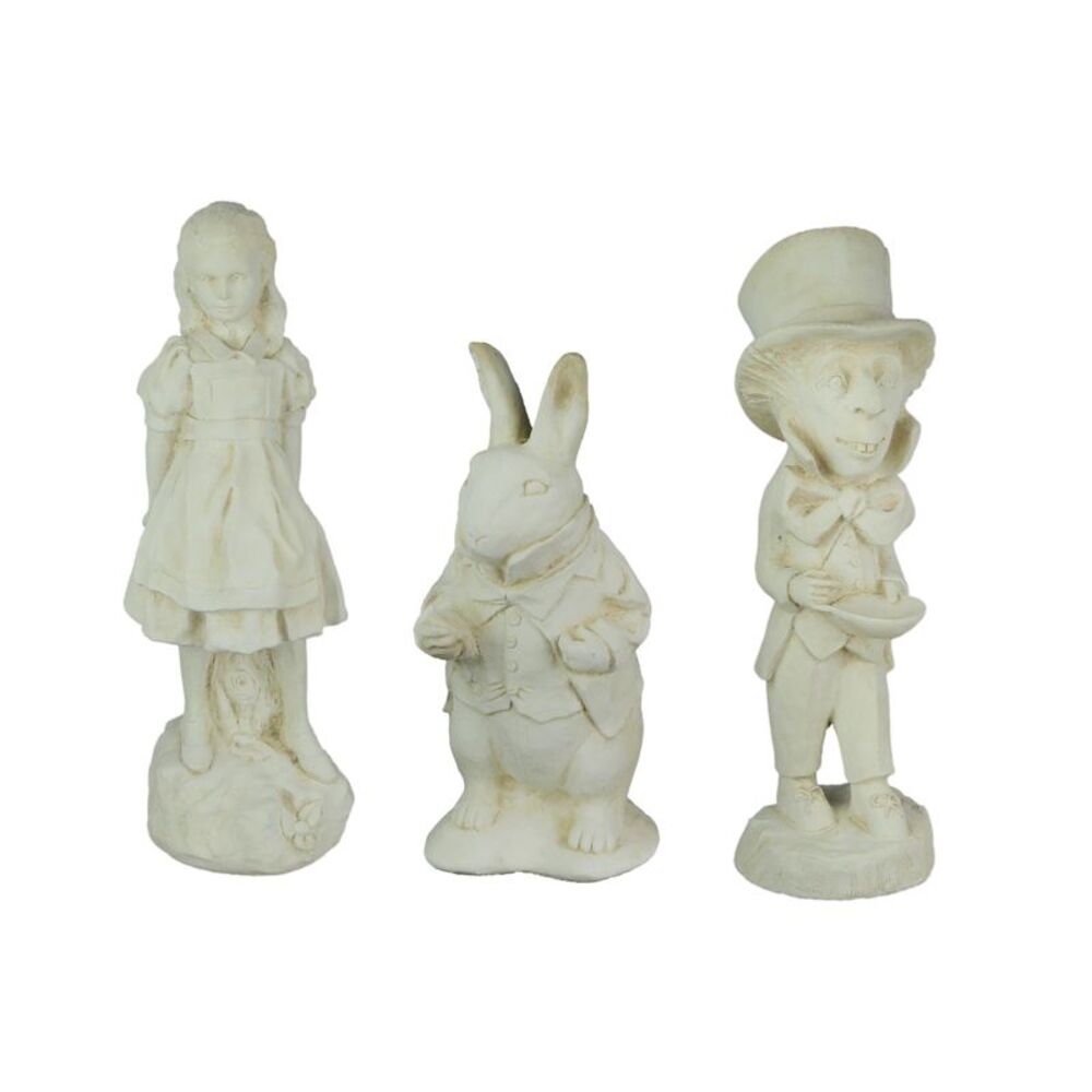 3-Piece Cement Wonderland Statue Set - Alice, Rabbit & Hatter - 10" - White